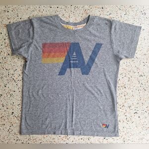 Aviator Nation Gray Tee with Blue and Red-Yellow Stripes